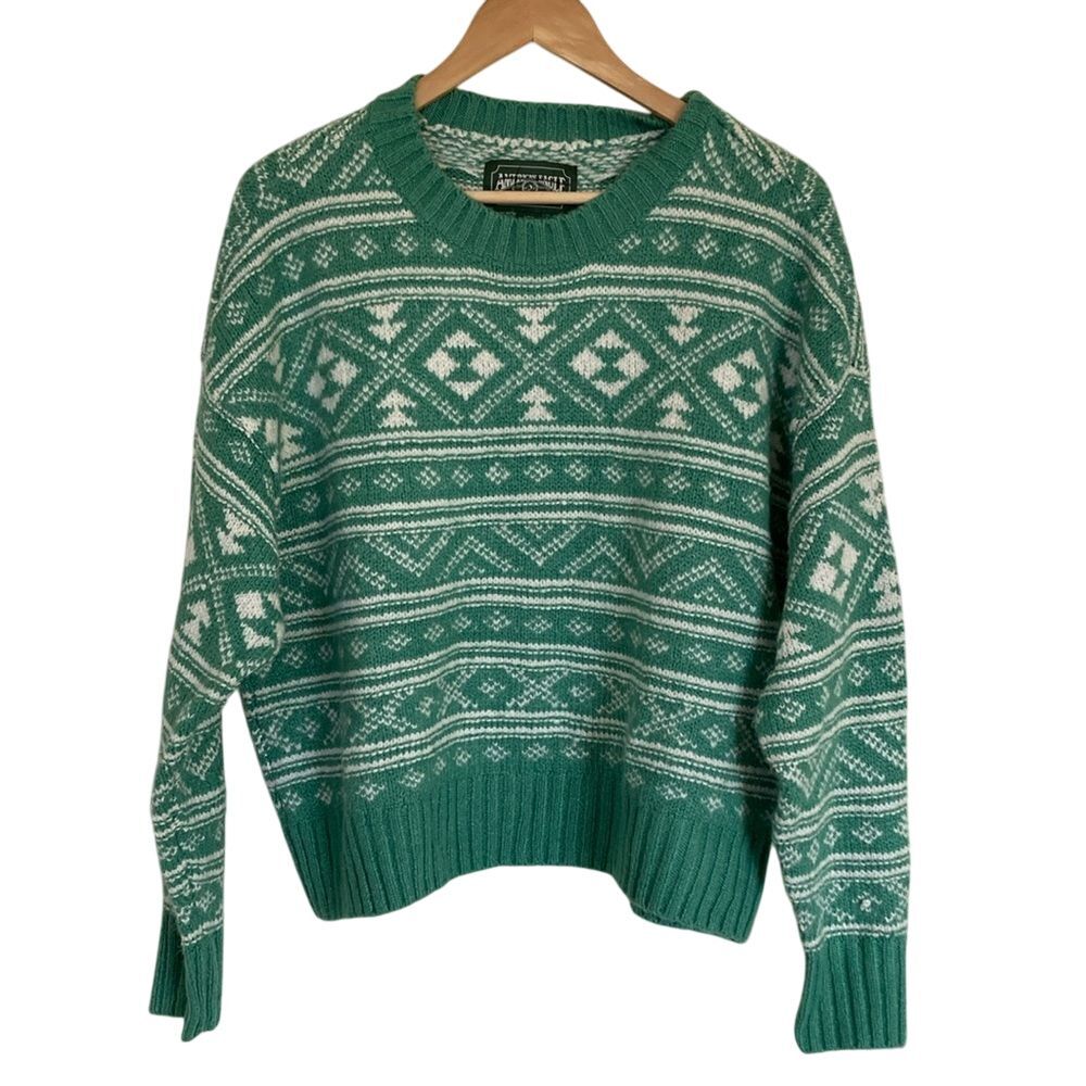 American Eagle Womens Fair Isle‎ Sweater L Green White Winter Holiday Classic
